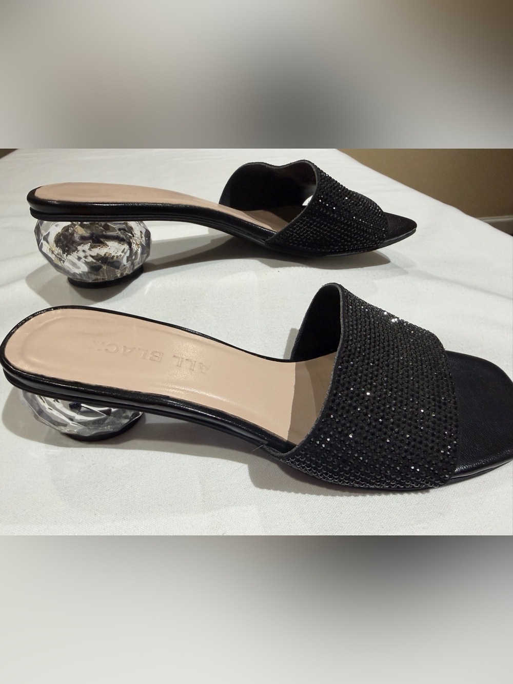 All Black Crystal-Accent Slide Sandals Ret $175